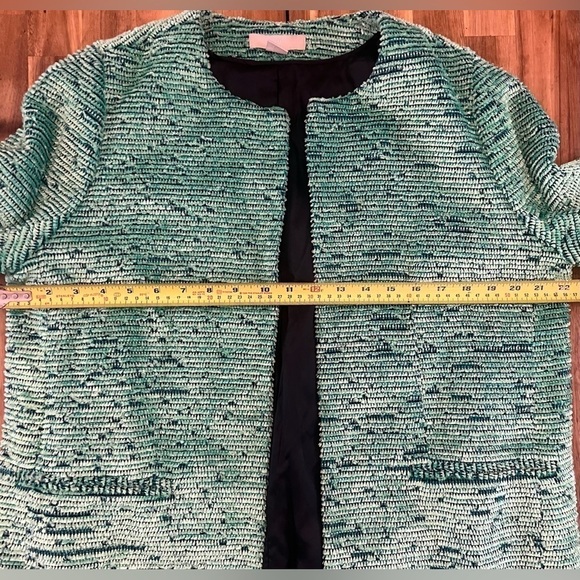 H&M Bright Green Jacquard Weave Fuzzy 3/4 Sleeve Open Front Jacket Sz 8 - Picture 7 of 9